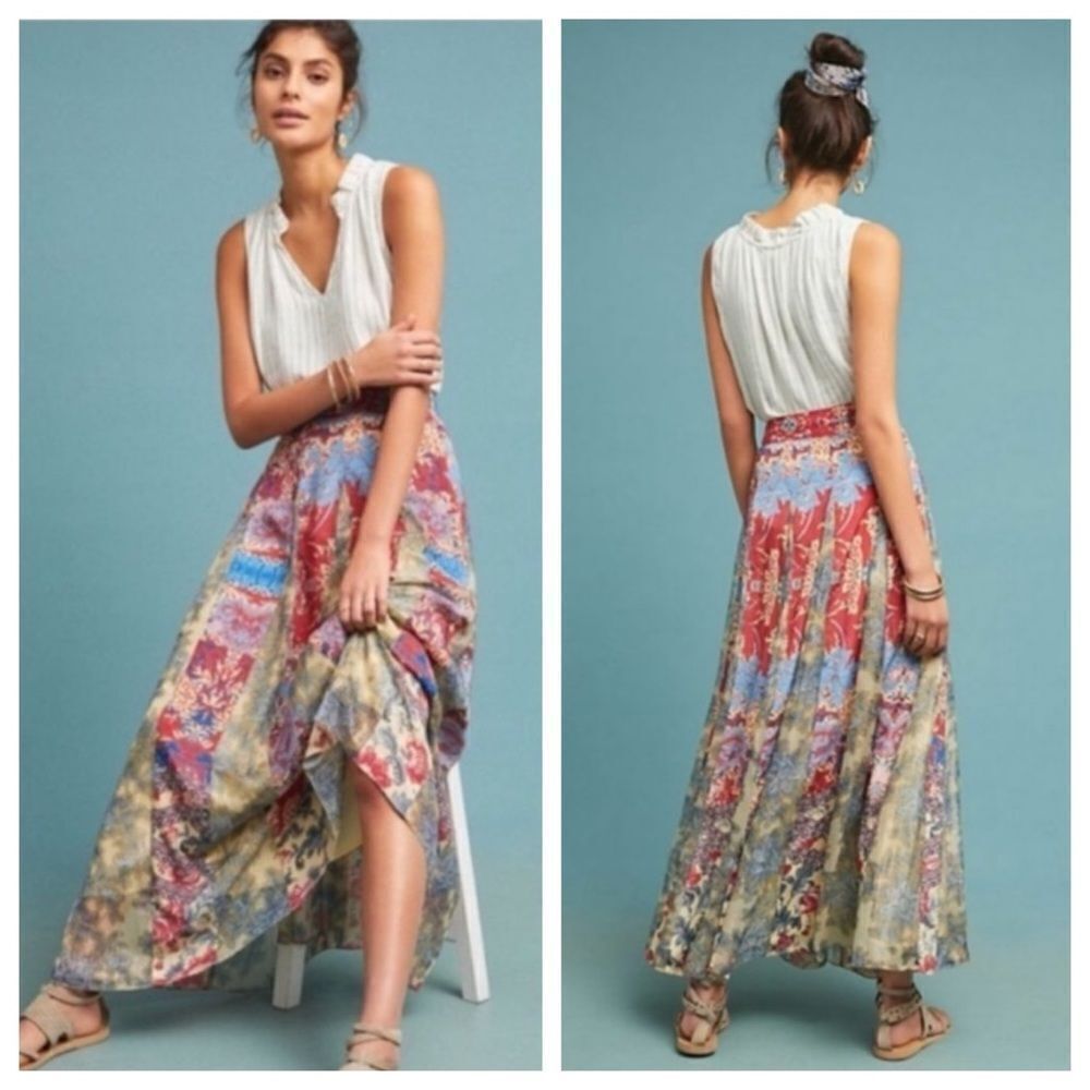 Anthropologie Hemant & Nandita Red Floral Baroque Duster Skirt Sz S